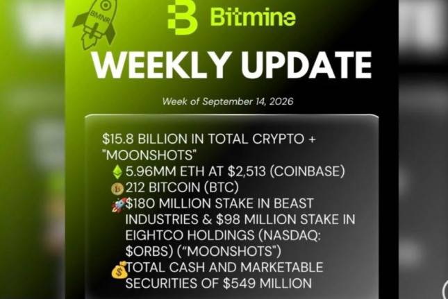 Bitmine Umumkan Kuasai 4,9 Persen Token ETH Dunia, Total Aset Tembus $15,8 Miliar