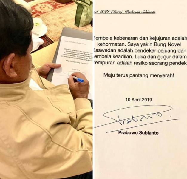 Surat Prabowo Subianto: Semangat Saya Selalu Untuk Bung Novel Baswedan