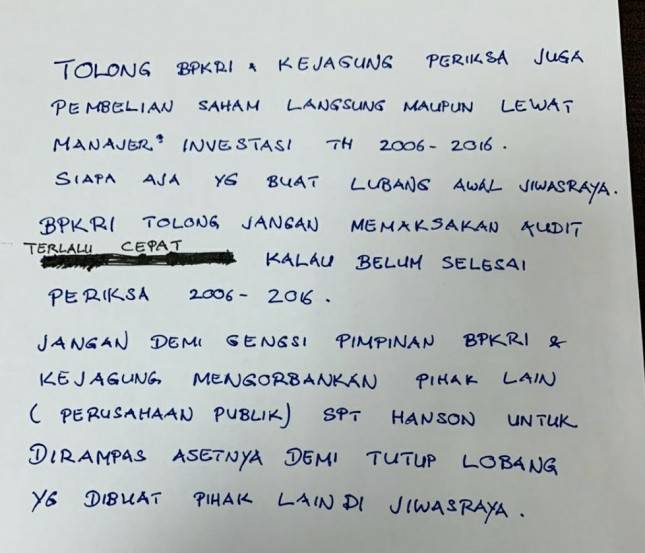 Tulisan Tangan Beredar, Benny Tjokro: Jangan Demi Gengsi Pimpinan BPK RI & Kejagung Mengorbankan Hanson