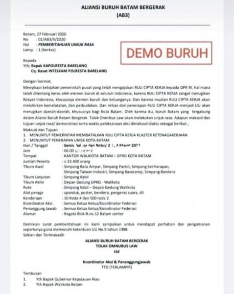 Ribuan Masa Aliansi Batam Bergerak Tolak RUU Omnibus Law Cipta Kerja Pagi Ini