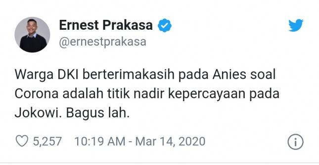 Ernest Prakasa: Berterima Kasih pada Anies adalah Titik Nadir Kepercayaan pada Jokowi