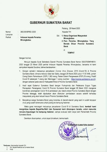 Tulis Surat Kepada Perantau Minangkabau, Gubernur Sumbar: Dunsanak Kami Dimanapun Berada, Mohon Tunda Rencana Pulang Kampung