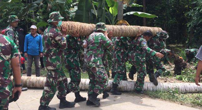 Prajurit Marinir Pesawaran dan Warga Gebang Bangun Jembatan Sementara 