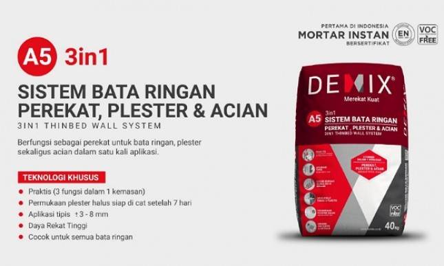 Demix Luncurkan Demix A5, Mortar Instan 3 in 1 Perekat Bata dan Acian