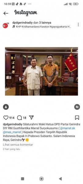 Unggahan Foto Cucu Sultan HBX dan PRABOWO di Instagram Gerindra DIY Picu Perhatian Publik 