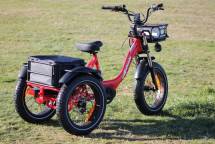 A red electric tricycle with storage baskets sits on grass. (Foto: Leonie Clough / Unsplash)