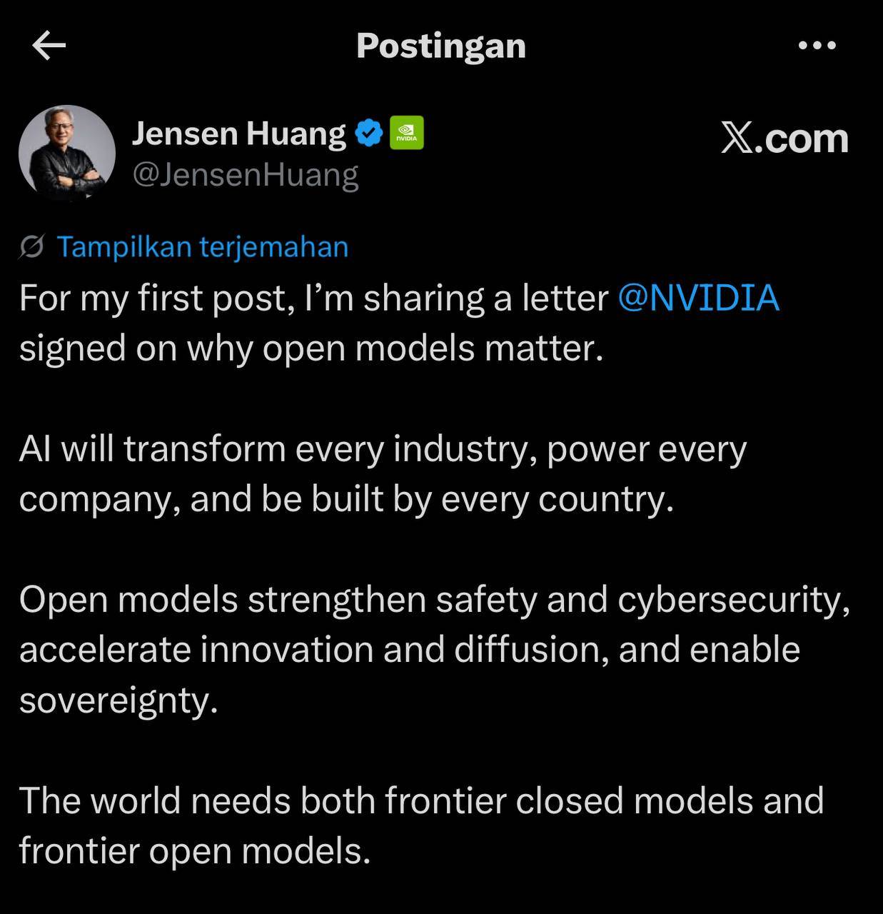 Jensen Huang postingan pertama X Twitter NVIDIA