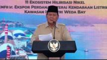 Presiden Prabowo Subianto dalam sambutan peresmian ekspor perdana baterai kendaraan listrik dan 11 proyek hilirisasi di kawasan Indonesia Weda Bay Industrial Park (IWIP), Halmahera Tengah, Maluku Utara, Kamis (8/10).