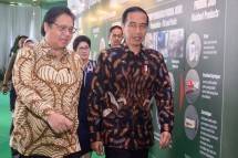 Presiden Joko Widodo bersama Menteri Perindustrian Airlangga Hartarto saat meresmikan pabrik bahan baku obat PT Kalbio Global Medika (Foto: Humas)