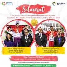 Tim Wushu Indonesia yang berlagapada ajangKejuaraan Dunia Wushu Junior di Brasilia, Brasilberfoto bersama denganDuta BesarIndonesiauntuk Brasil, TotoRiyanto (Foto: Dok. Kemenperin)