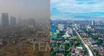 Kiri: Foto udara gedung-gedung bertingkat yang diselimuti kabut polusi di kawasan Jakarta, Jumat, 6 September 2019. Kanan: Langit biru terlihat di atas kawasan Jalan MT Haryono, Pancoran, Jakarta Selatan, Jumat, 3 April 2020. Di pertengahan 2019 polisi di | Sumber Foto:TEMPO/Subekti dan ANTARA/Galih Pradipta