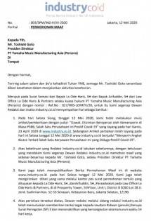 Surat Permohonan Maaf Industry.co.id kepada PT Yamaha Music Manufacturing Asia