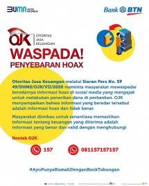 Penebar Hoax Likuiditas Perbankan Ditangkap, BTN: Likuiditas BTN Aman dan Nasabah Perbankan Jangan Panik