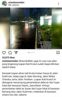 Tangkapan layar Anies memposting kondisi Jalan Sudirman bebas banjir