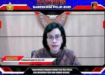 Menteri Keuangan (Menkeu) Sri Mulyani Indrawati saat menjadi pembicara pada Rakernis Bareskrim Polri Tahun 2021, secara virtual 