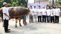 Direktur Keuangan Telkom Harry M. Zen menyerahkan hewan qurban secara simbolis kepada Ketua Majelis Ta'lim Telkom Group (MTTG) Nasional Dedi Mardhianto di Jakarta, Jumat (1/9).