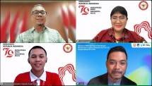 Direktur Jenderal Informasi dan Komunikasi Publik Kementerian Kominfo Usman Kansong bersama Wakil Kepala BPIP Rima Agristina, Capaska Fifandra Ardiansyah pada konferensi pers