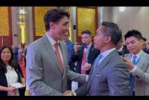 Perdana Menteri Kanada Justin Trudeau menyambangi dan menyapa Ketua APEC Business Advisory Council (BAC) Indonesia yang juga Ketua Umum Kamar Dagang dan Industri (Kadin) Indonesia 2024 &ndash; 2029 Anindya Bakrie