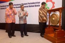 Menteri Perindustrian Airlangga Hartarto didampingi Dirjen Industri Kimia Tekstil dan Aneka (IKTA) Achmad Sigit Dwiwahjono serta Direktur Industri Kimia Hulu Muhammad Khayam
