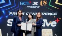 Dari kiri: Luna Maya, Valencia Tanoesoedibjo, dan Marianne Rumantir usai menandatangani MoU kerjasama antara RCTI+ dengan TS Media dalam menghadirkan SPORSTIVE+.